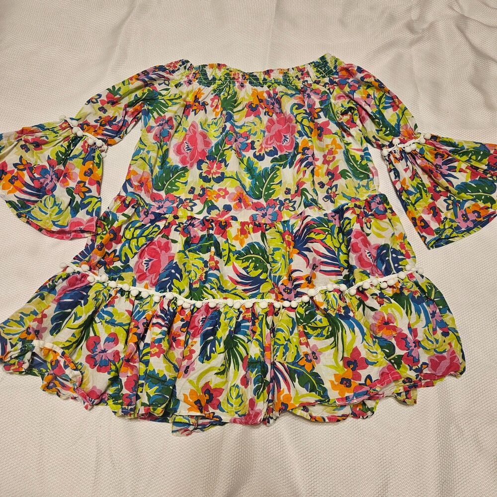 True Destinations Tropical Off shoulder pom pom dress womens small